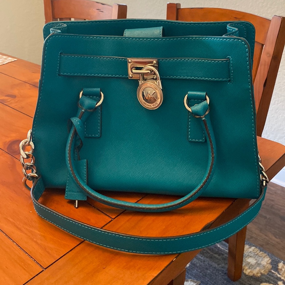 Michael Kors tote w/ hand straps and shoulder strap. Blue green color. Like new